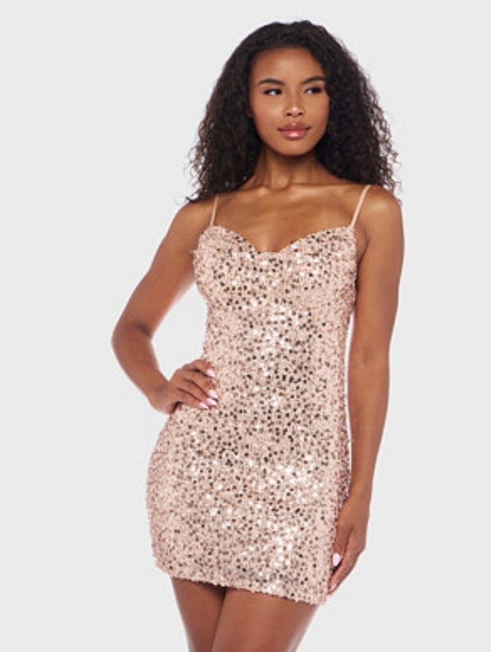 Sequin Spaghetti Strap Mini Dress in Rose Gold